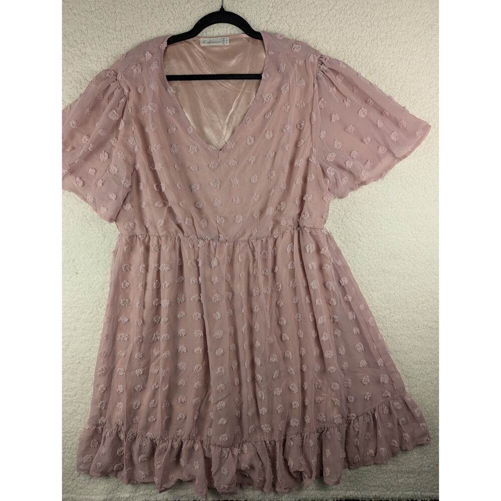 Keluummi Pink Clip Dot V-Neck Mini Dress Plus Size 18 Elastic Waist Ruffle Hem